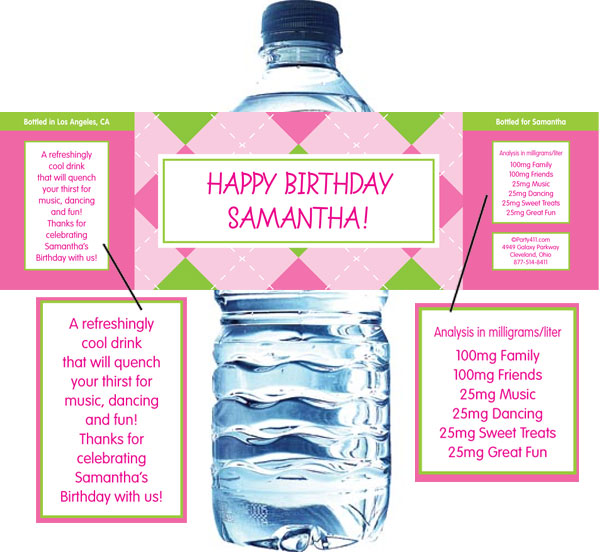 Pink Argyle Water Bottle Label