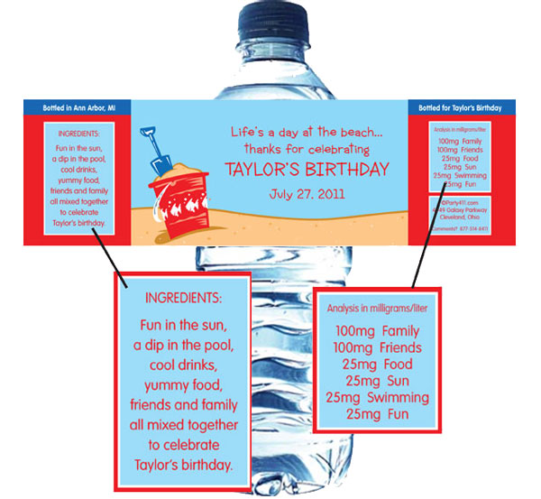 Beach Party Water Bottle Label A satisfying summer party favor Price 120