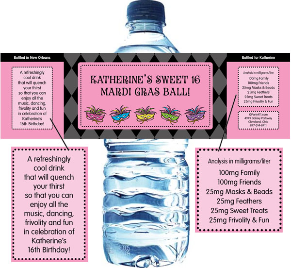 Mardi Gras Masks Water Bottle Label