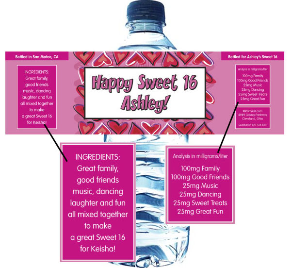 Red and Pink Hearts Water Bottle Label