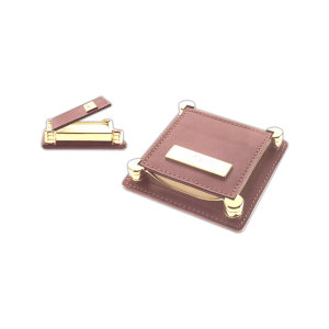 Leather note holder with brass accents and self-adhering 3" x 3" note pad.