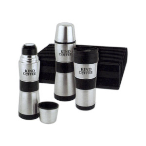 Gift set with vacuum bottle and double wall tumbler.