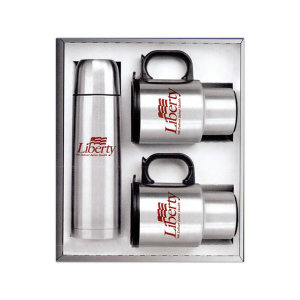 Stainless steel 3-piece beverage set with carrier and two 16 oz. mugs.