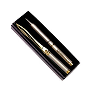 Twist ballpoint pen and letter slitter in a two piece gift box.
