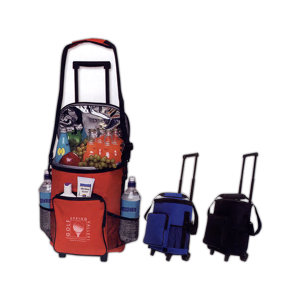 Polyester rolling 18 can cooler with front storage pocket.
