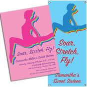 Colorful gymnastics theme invitations and favors