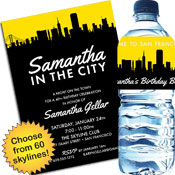 Skyline theme birthday party invitation and favors